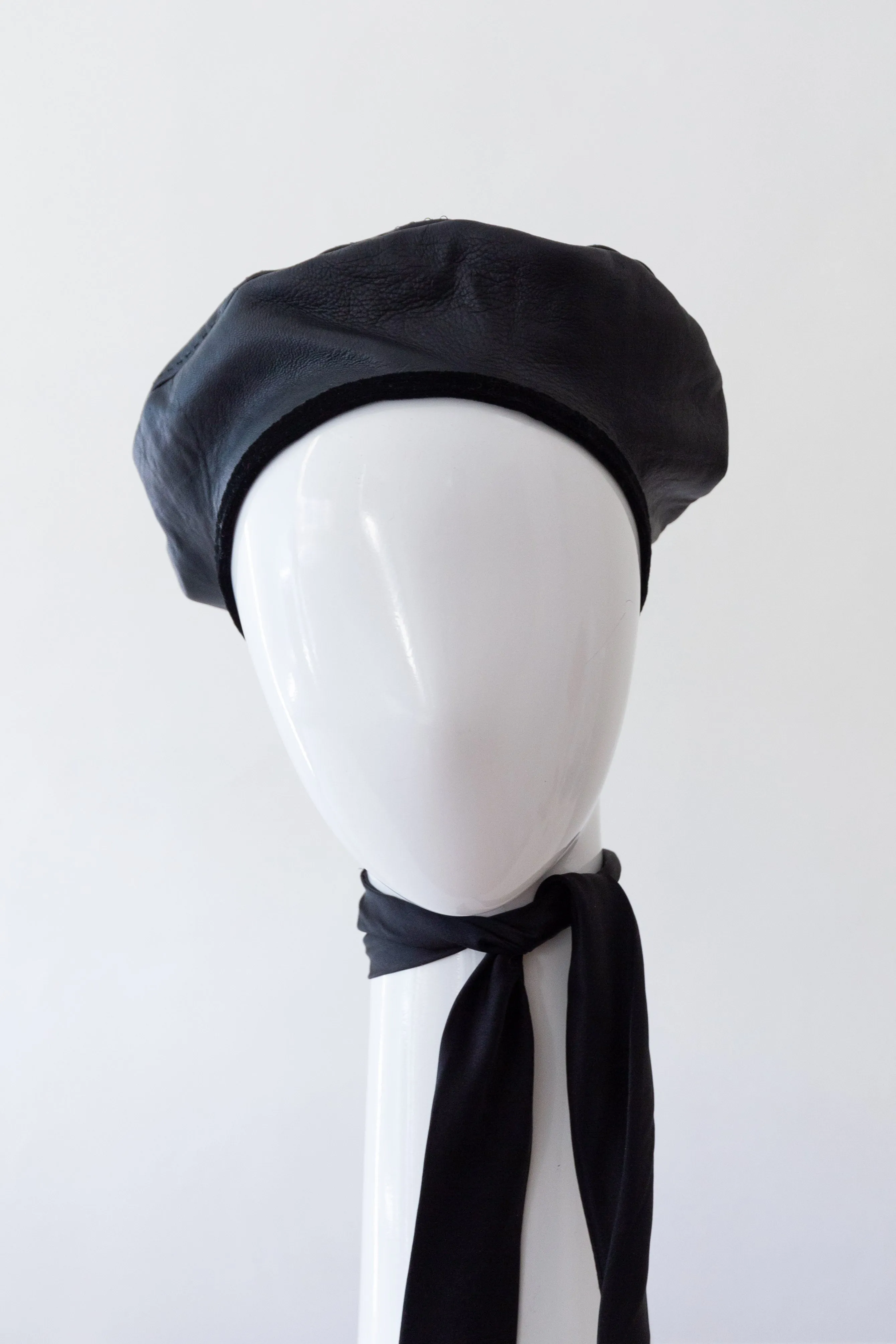 Black Leather Beret with Detachable Scarf