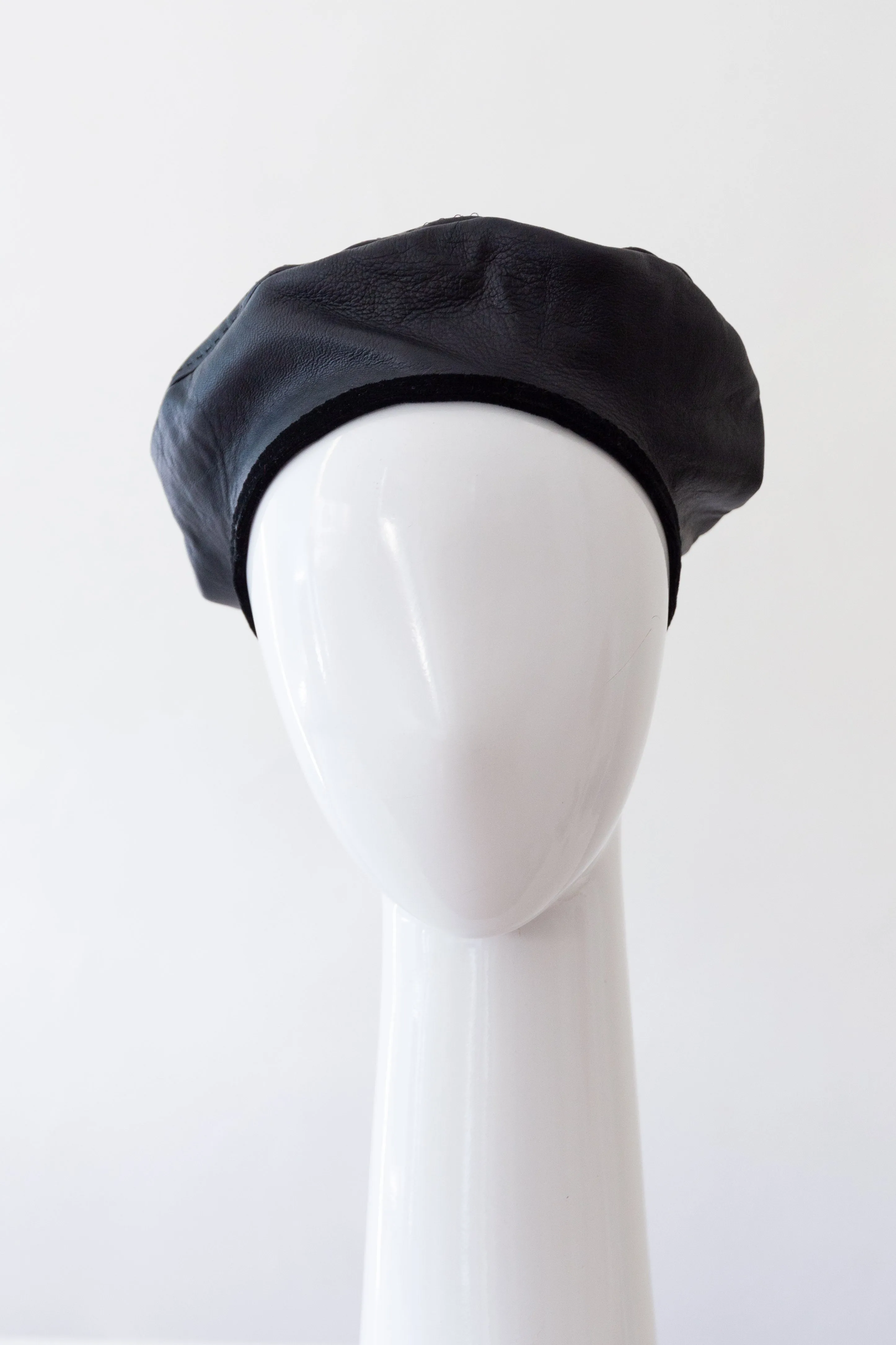 Black Leather Beret with Detachable Scarf