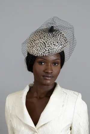 Black Veiled Side Beret with Silver Embroidered Highlights