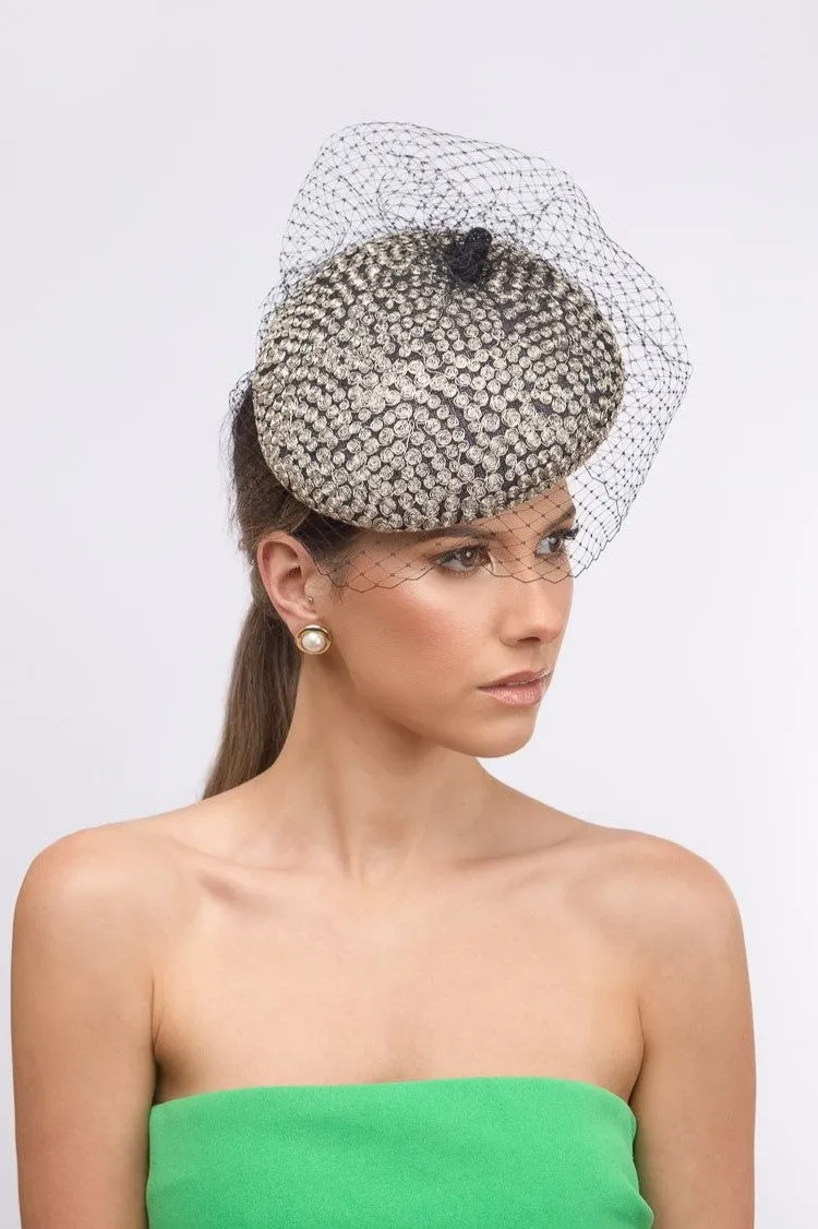 Black Veiled Side Beret with Silver Embroidered Highlights