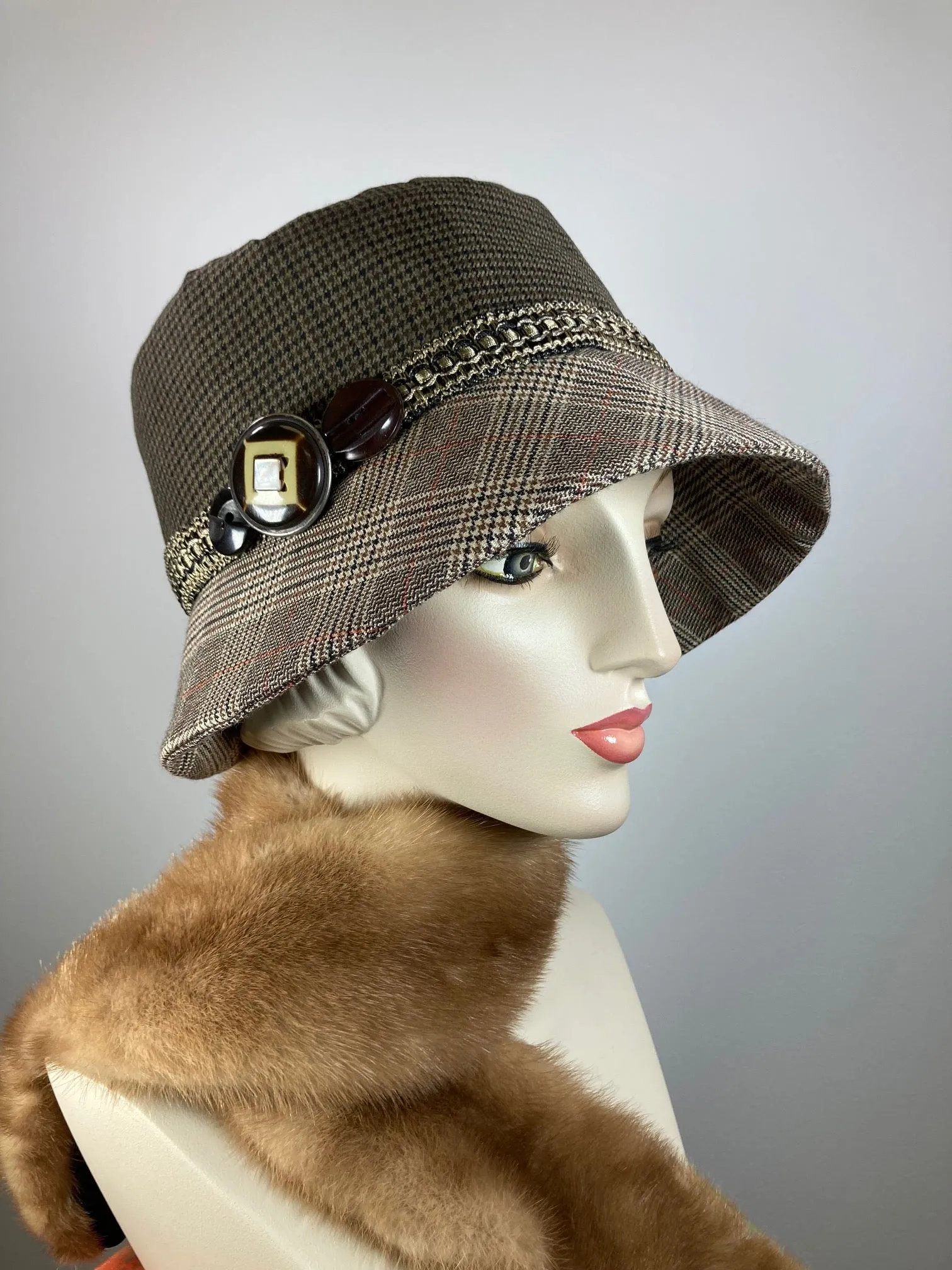 Blue, brown, beige, ivory, orange cloche hat. Women's winter cloche. Ladies small brim winter bucket hat. Great Gatsby Downton Abbey Hat.
