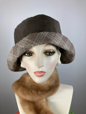Blue, brown, beige, ivory, orange cloche hat. Women's winter cloche. Ladies small brim winter bucket hat. Great Gatsby Downton Abbey Hat.