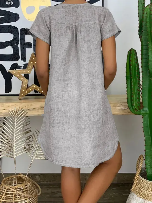 Blue Zone Planet |  Anna's V-Neck Rolled Short Sleeve Gathered Curved Mini Dress
