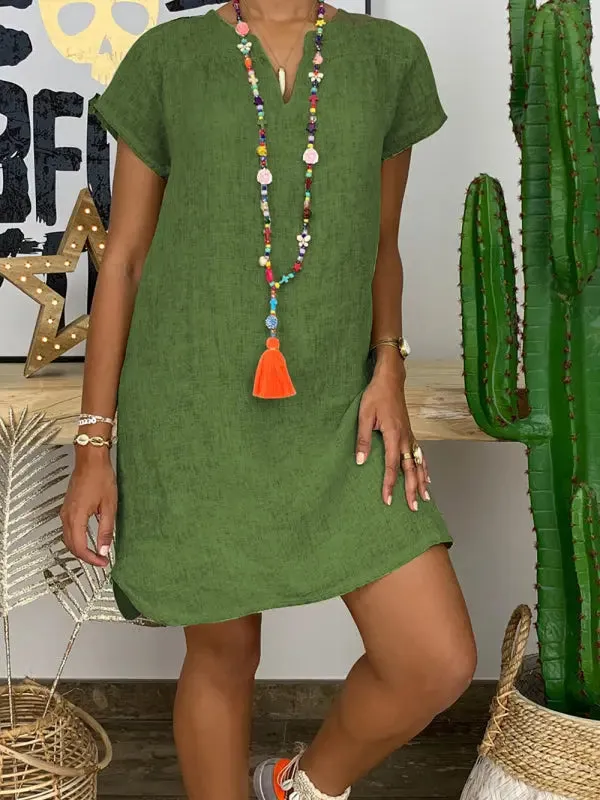 Blue Zone Planet |  Anna's V-Neck Rolled Short Sleeve Gathered Curved Mini Dress