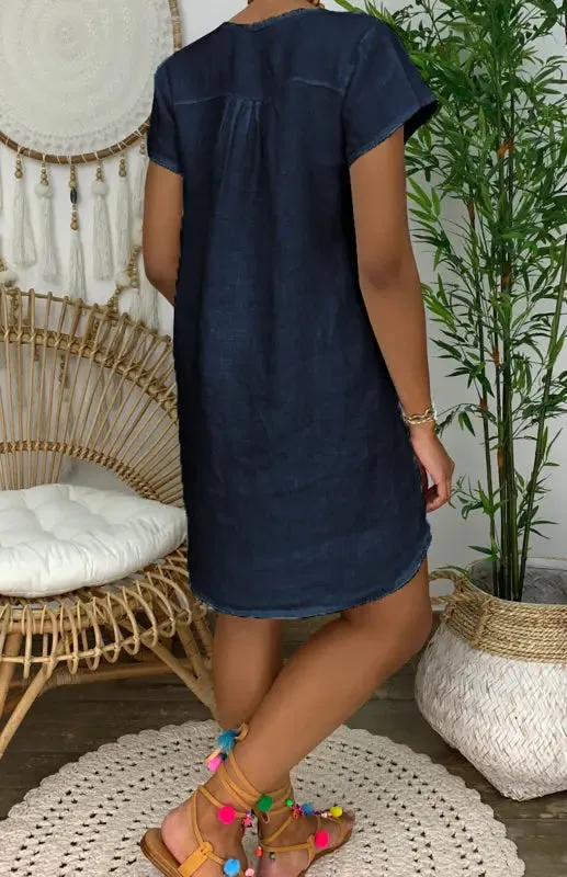 Blue Zone Planet |  Anna's V-Neck Rolled Short Sleeve Gathered Curved Mini Dress