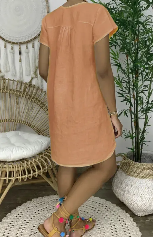 Blue Zone Planet |  Anna's V-Neck Rolled Short Sleeve Gathered Curved Mini Dress