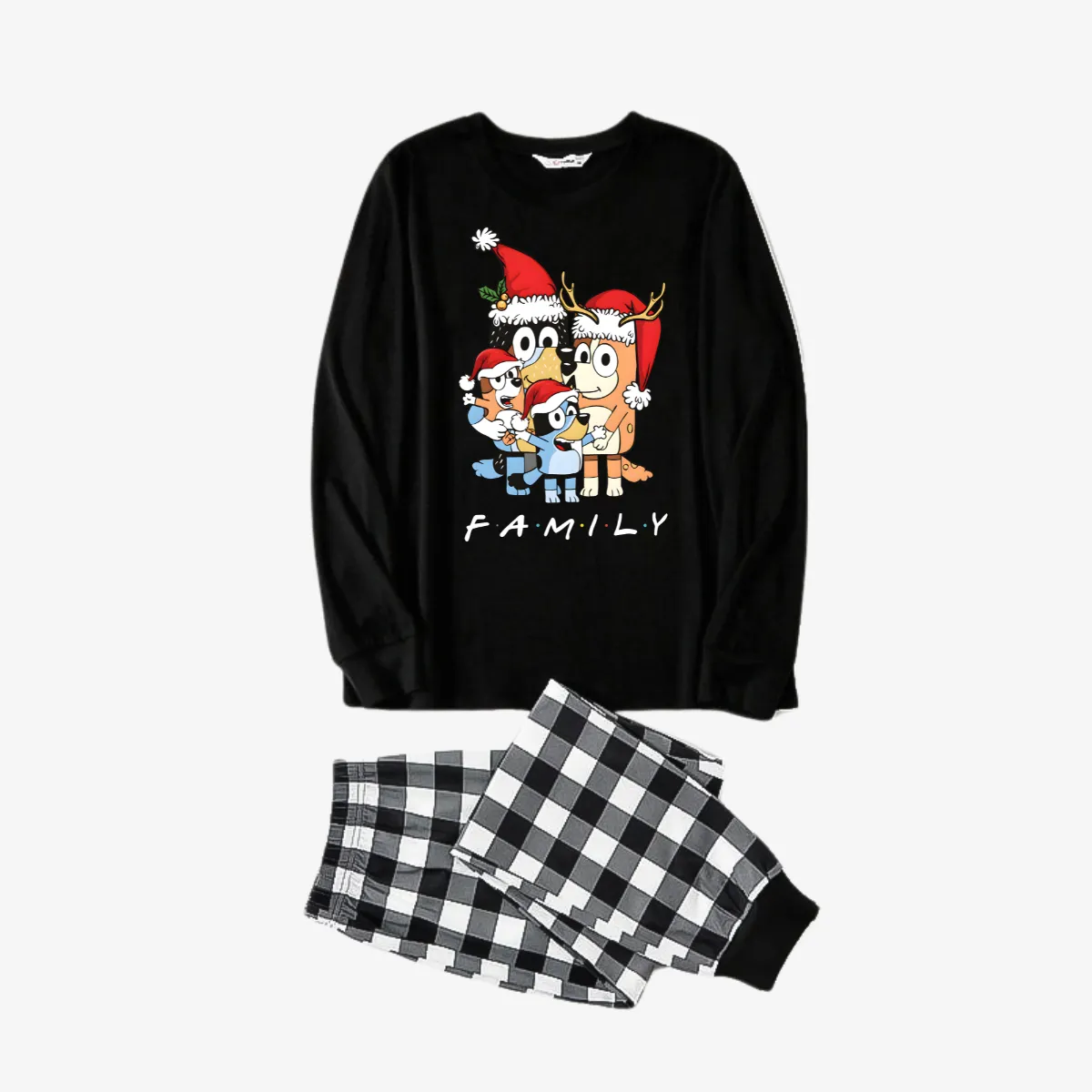 Bluey-Themed Festive Animal Pattern Black&White Plaid Family Pajama Sets