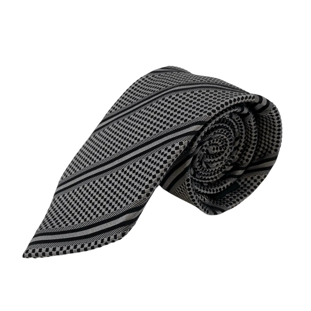 BOCARA Silk Striped and Checkered Tie - Grey & Black
