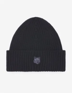 Bold Fox Head Patch Ribbed Beanie Black