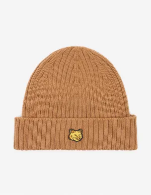 Bold Fox Head Patch Ribbed Beanie Golden Brown