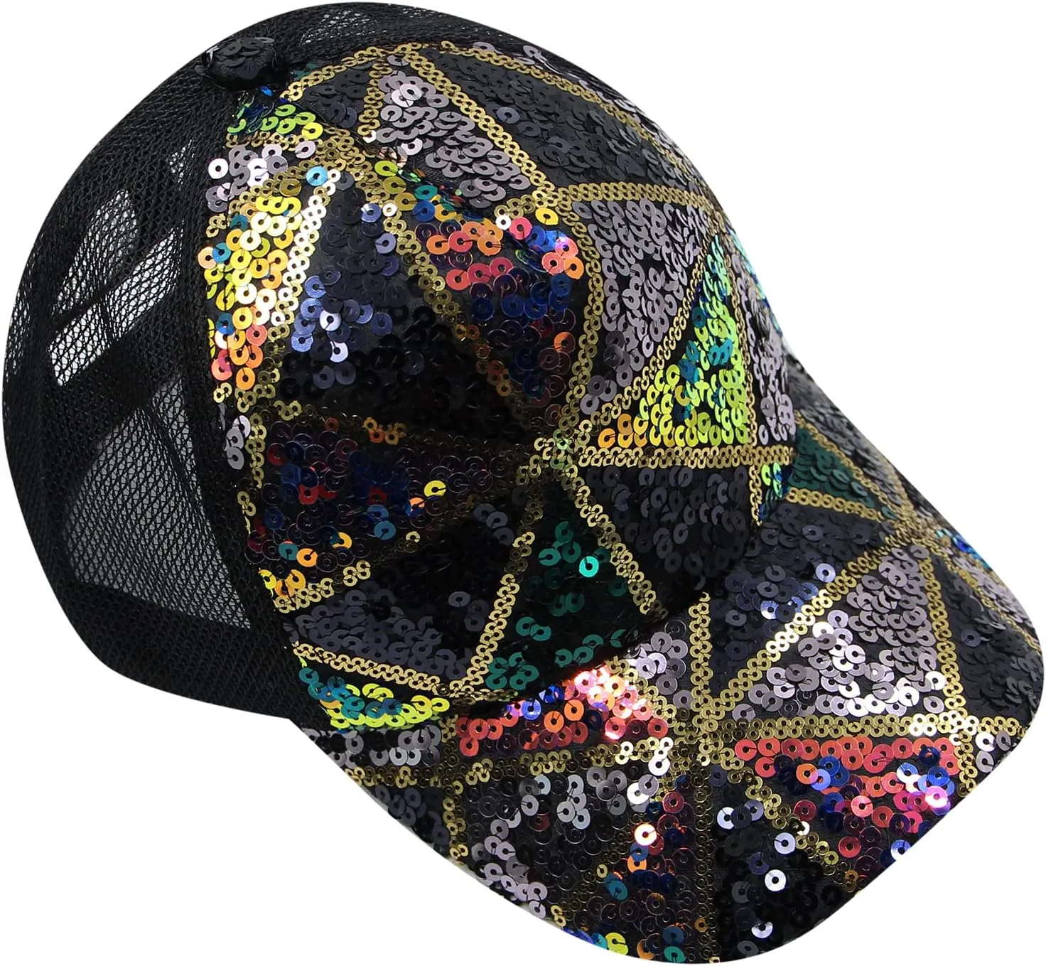 BOLLEY JOSS Sequin Ponytail Baseball Cap for Women Girls Velcro Ponycap Adjustable Mesh Trucker Hat