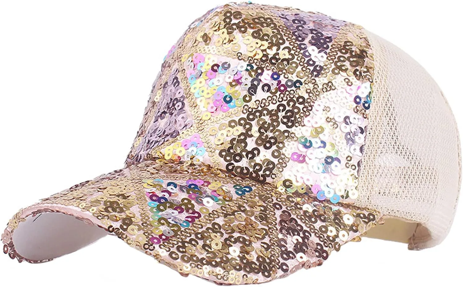 BOLLEY JOSS Sequin Ponytail Baseball Cap for Women Girls Velcro Ponycap Adjustable Mesh Trucker Hat