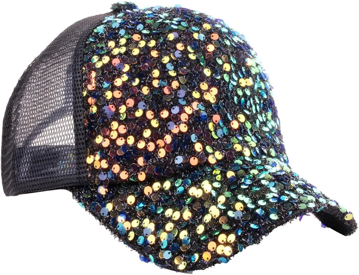 BOLLEY JOSS Sequin Ponytail Baseball Cap for Women Girls Velcro Ponycap Adjustable Mesh Trucker Hat