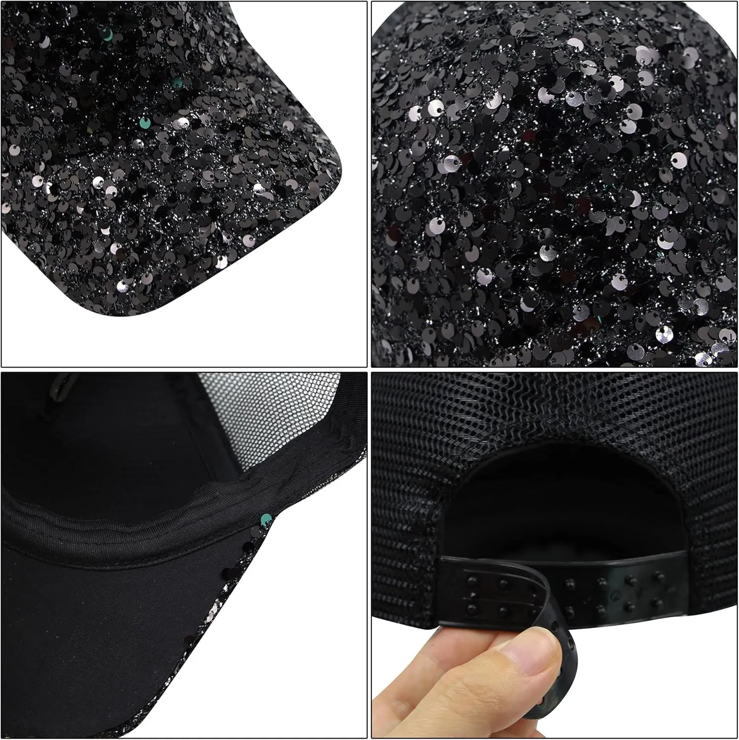 BOLLEY JOSS Sequin Ponytail Baseball Cap for Women Girls Velcro Ponycap Adjustable Mesh Trucker Hat
