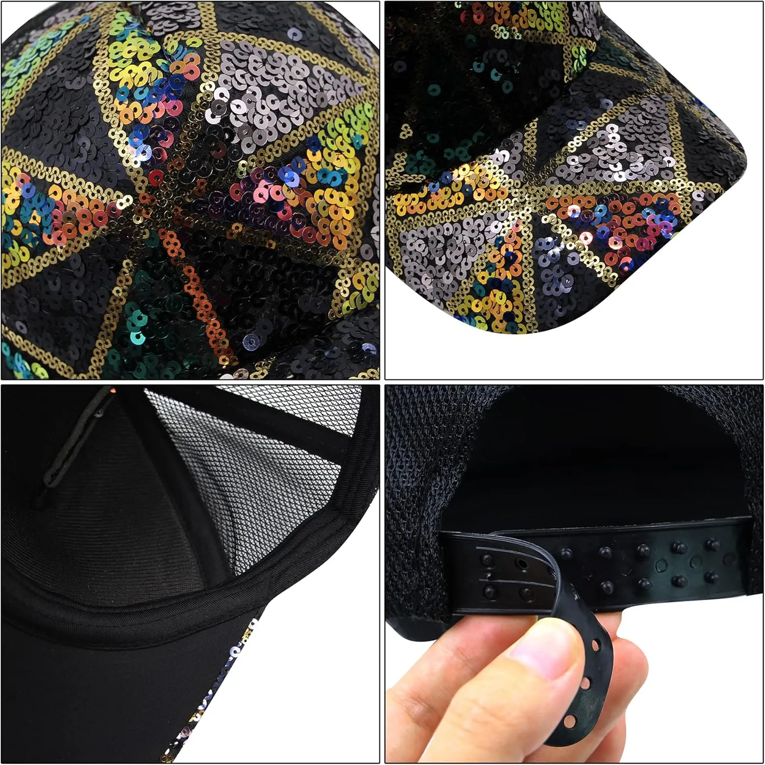 BOLLEY JOSS Sequin Ponytail Baseball Cap for Women Girls Velcro Ponycap Adjustable Mesh Trucker Hat