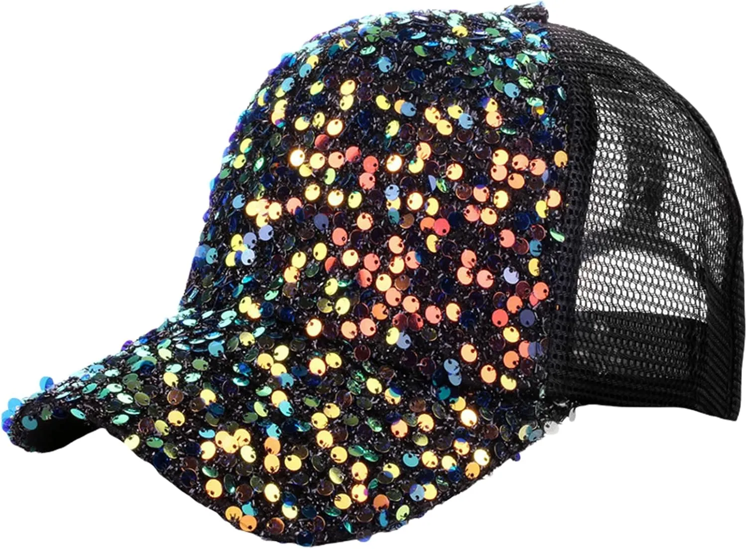 BOLLEY JOSS Sequin Ponytail Baseball Cap for Women Girls Velcro Ponycap Adjustable Mesh Trucker Hat