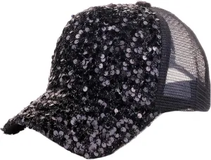 BOLLEY JOSS Sequin Ponytail Baseball Cap for Women Girls Velcro Ponycap Adjustable Mesh Trucker Hat