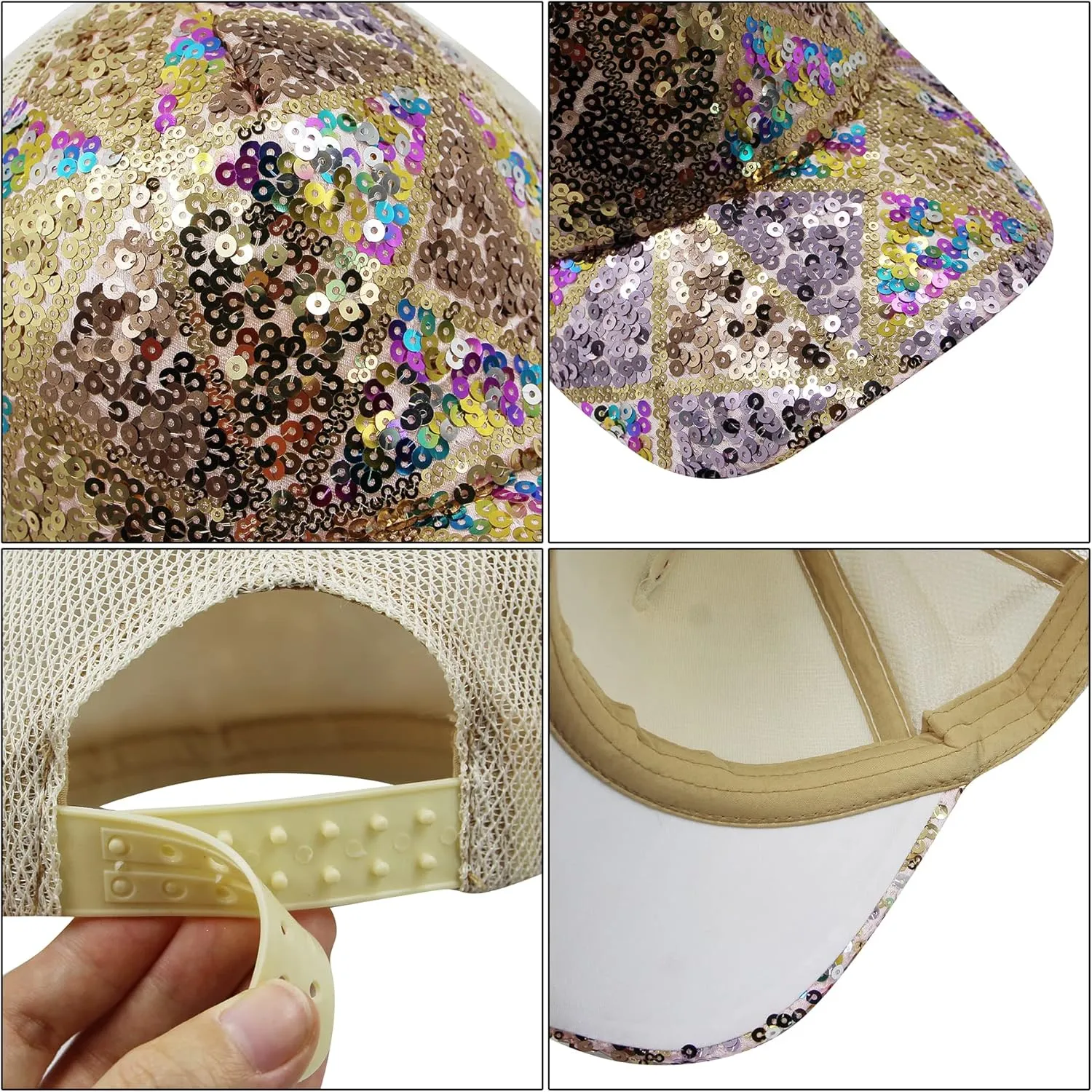 BOLLEY JOSS Sequin Ponytail Baseball Cap for Women Girls Velcro Ponycap Adjustable Mesh Trucker Hat