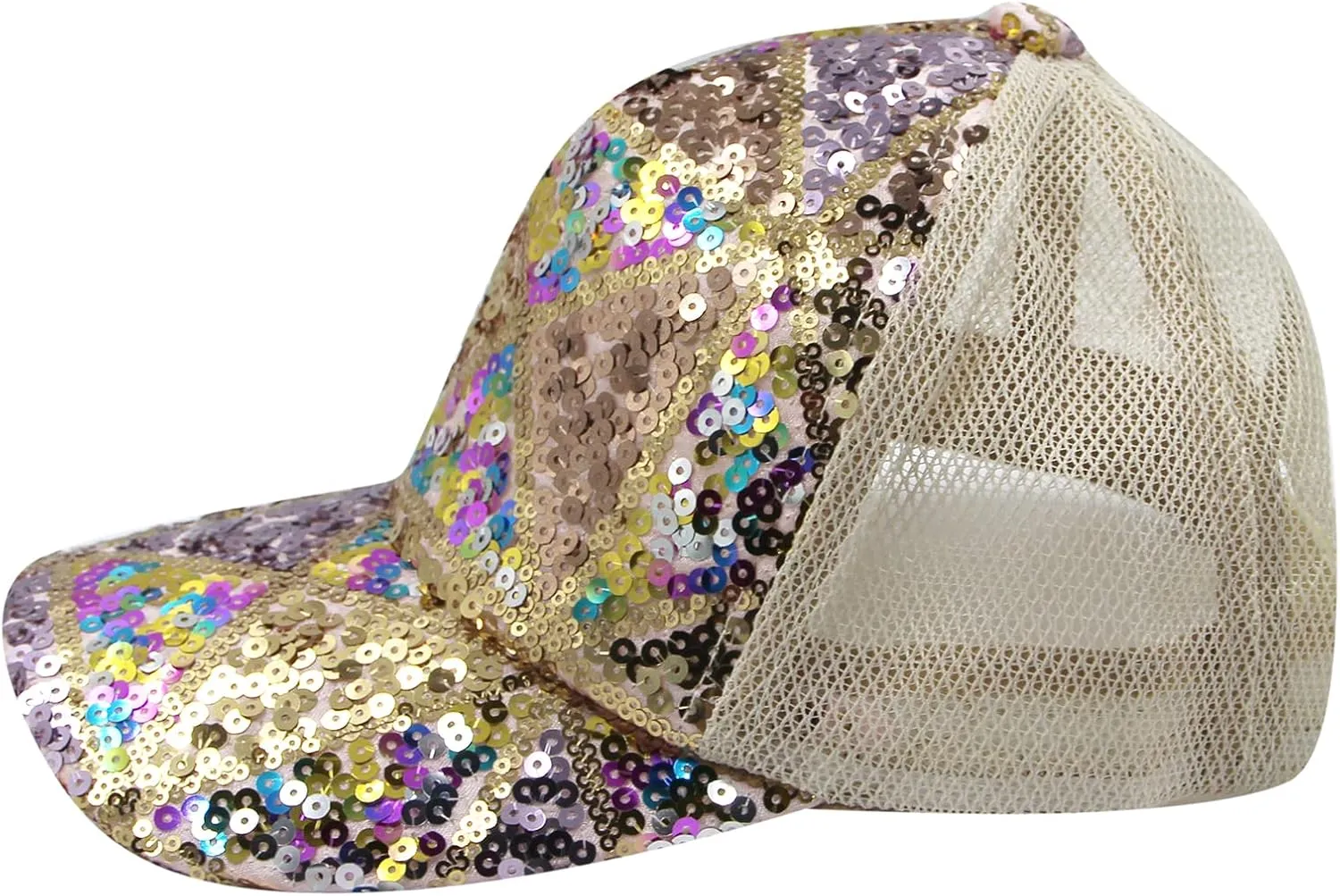 BOLLEY JOSS Sequin Ponytail Baseball Cap for Women Girls Velcro Ponycap Adjustable Mesh Trucker Hat