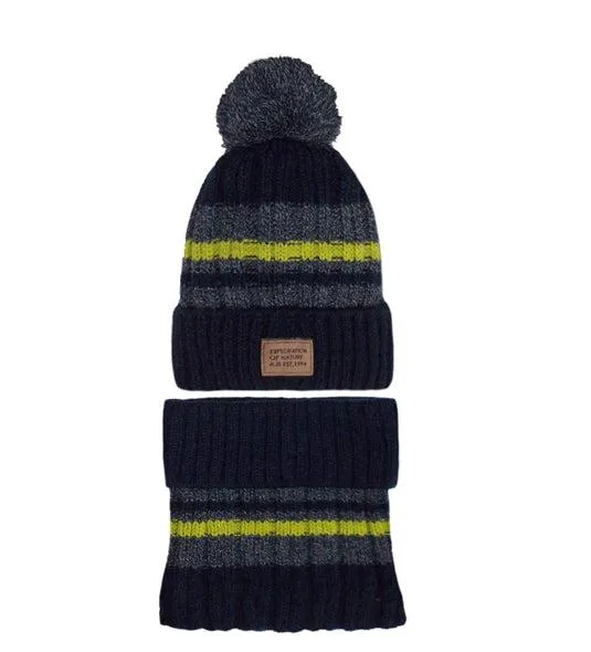 Boys' Yellow and Multicolor Hat with Pompom and Tube Scarf Set ~6-12 years | 46/550