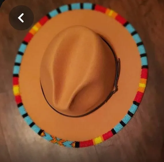 Brown fedora hat|cowboy hat|brim hat|summer hats|beaded hats with blue and red beads with free shipping world wide