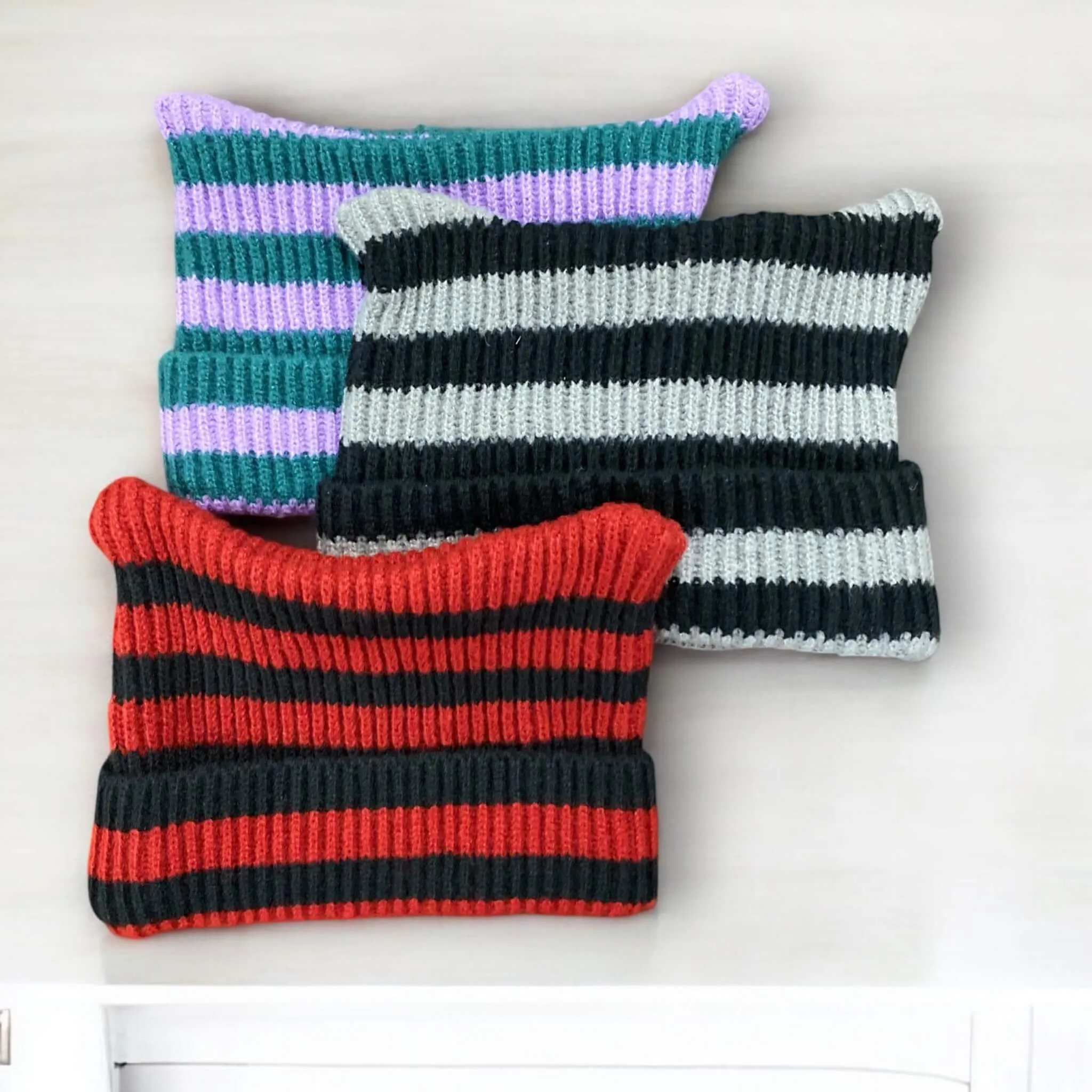 Cat Ear Striped Knitted Beanies