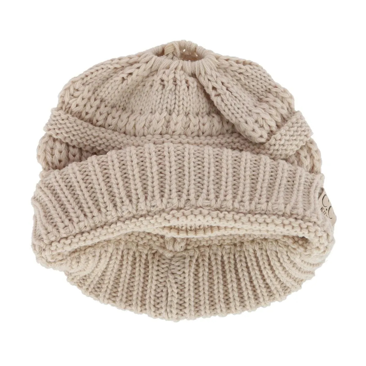 C.C Girl's One Size Fits Most Pony Tail Solid Cable Knit Winter Beanie