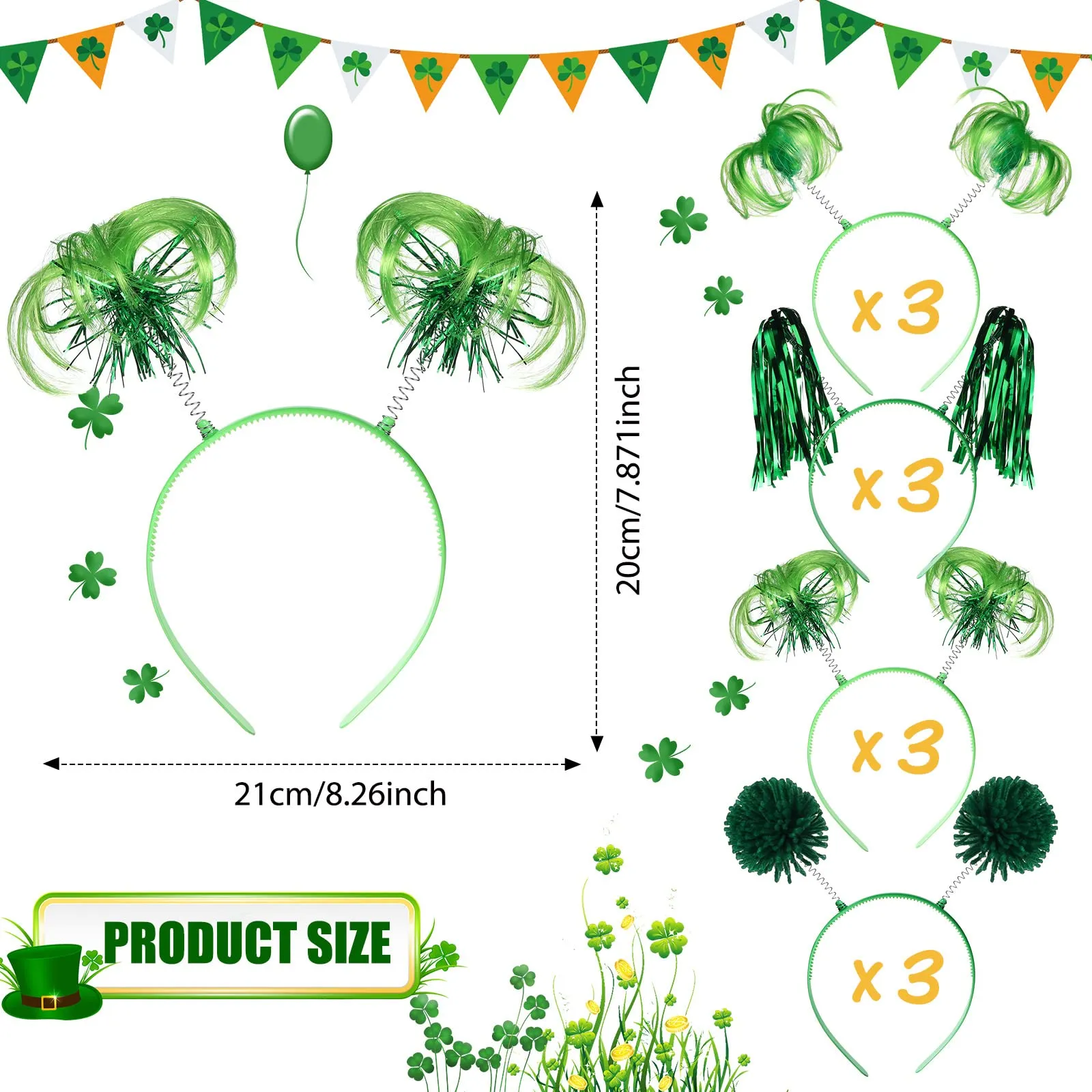 Censen 12 Pcs Pom Pom Headbands Party Headbands Tinsel Wrapped Ponytails Headbopper Headwear for Christmas Birthday Festival(Green)