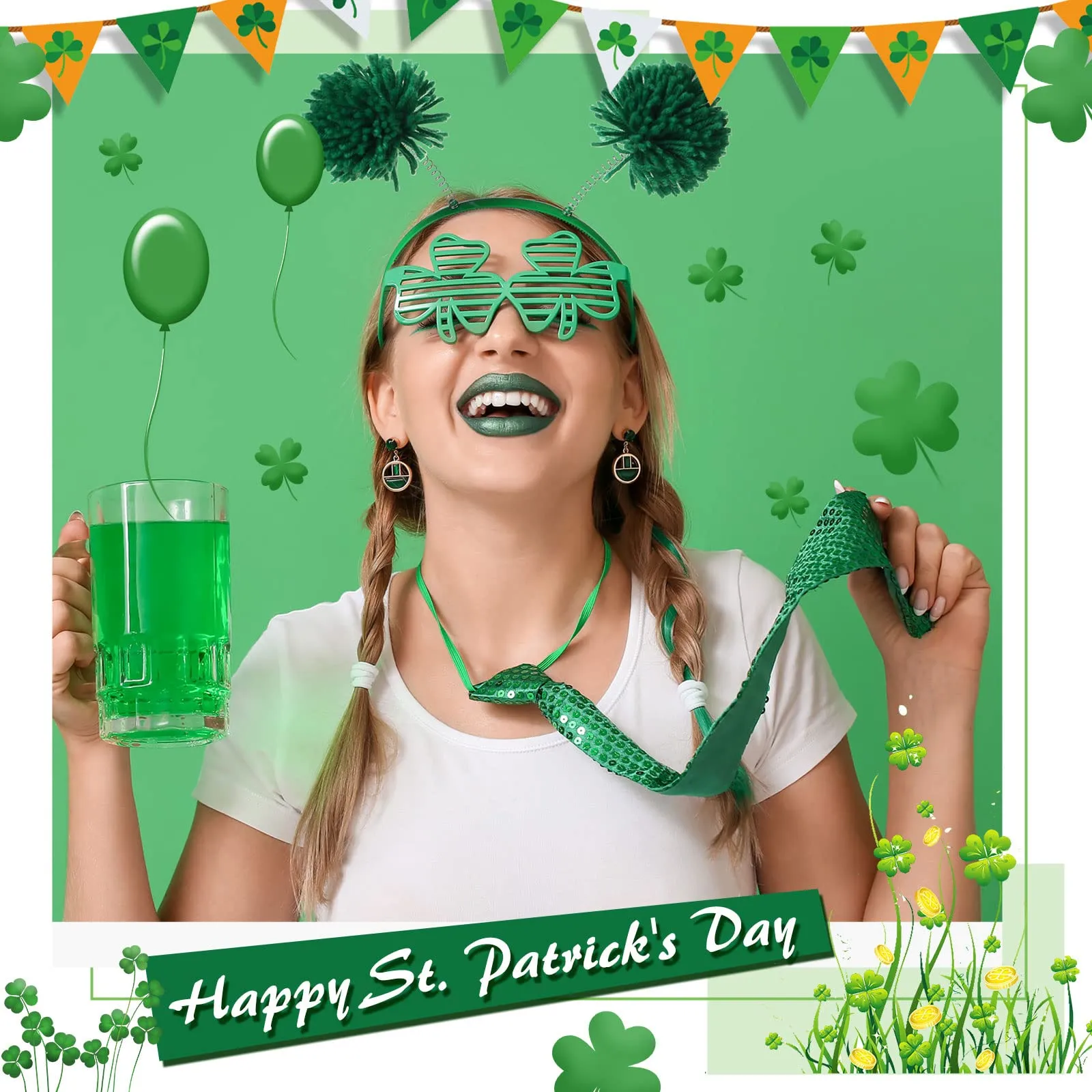 Censen 12 Pcs Pom Pom Headbands Party Headbands Tinsel Wrapped Ponytails Headbopper Headwear for Christmas Birthday Festival(Green)