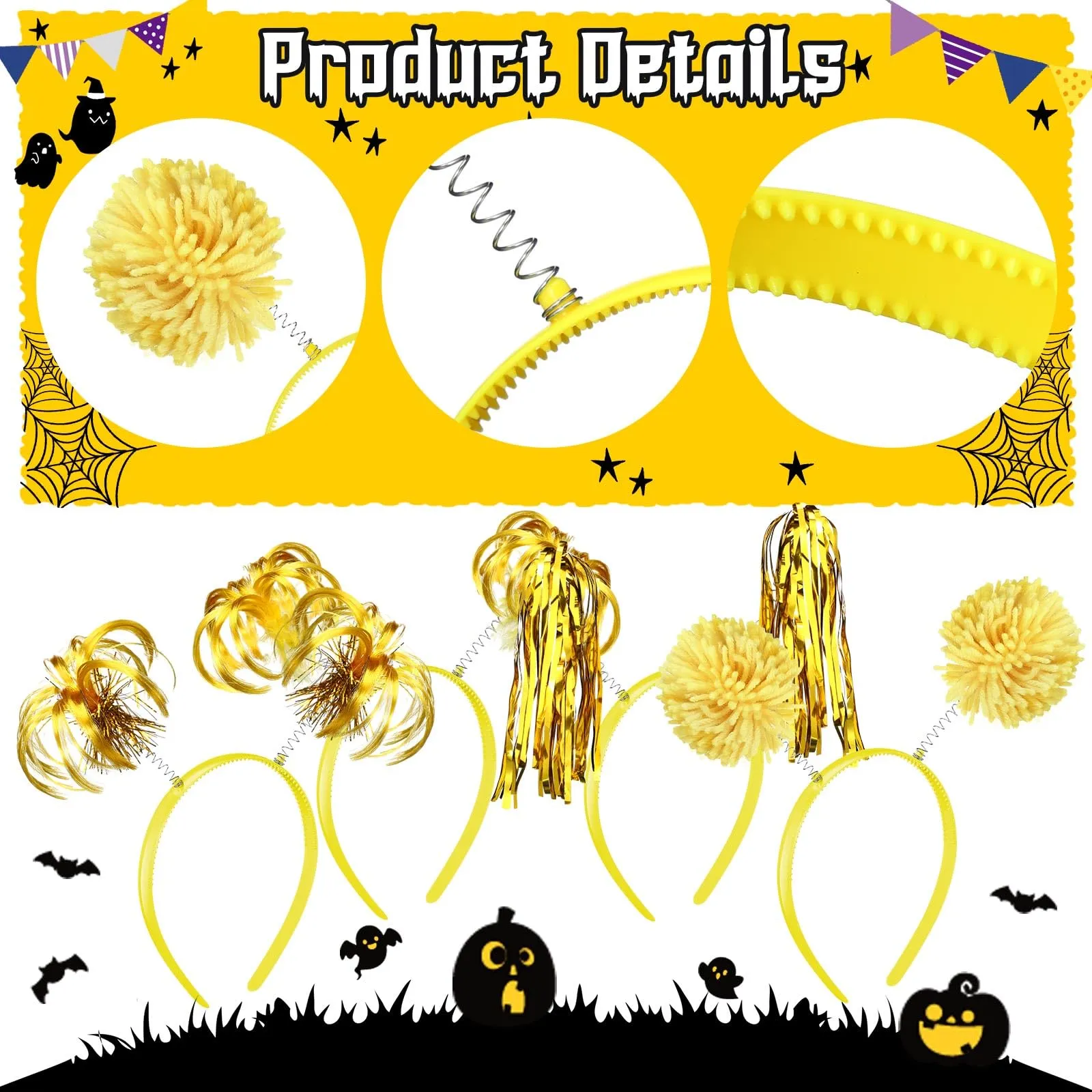 Censen 12 Pcs Pom Pom Headbands Party Headbands Tinsel Wrapped Ponytails Headbopper Headwear for Christmas Birthday Festival(Yellow)
