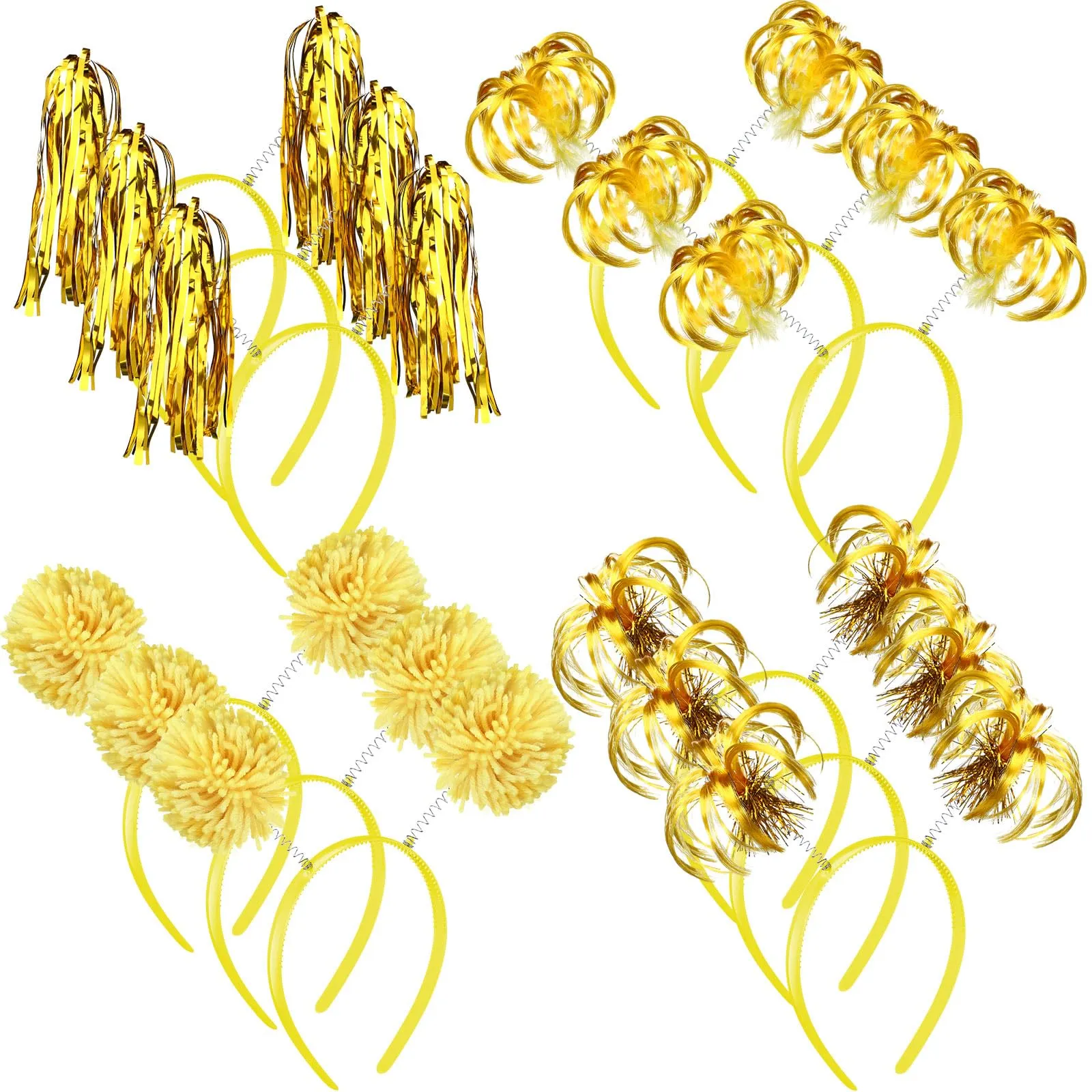 Censen 12 Pcs Pom Pom Headbands Party Headbands Tinsel Wrapped Ponytails Headbopper Headwear for Christmas Birthday Festival(Yellow)