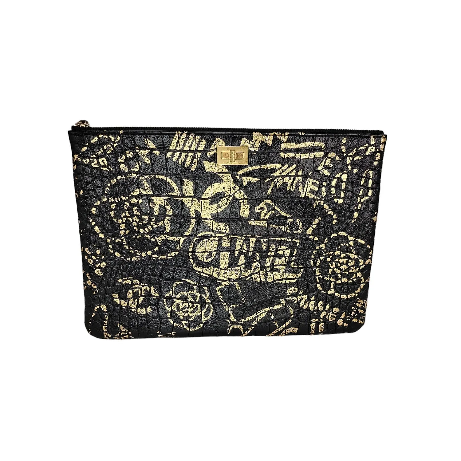 Chanel Black And Gold Croc-Embossed O-Case 2.55 Reissue