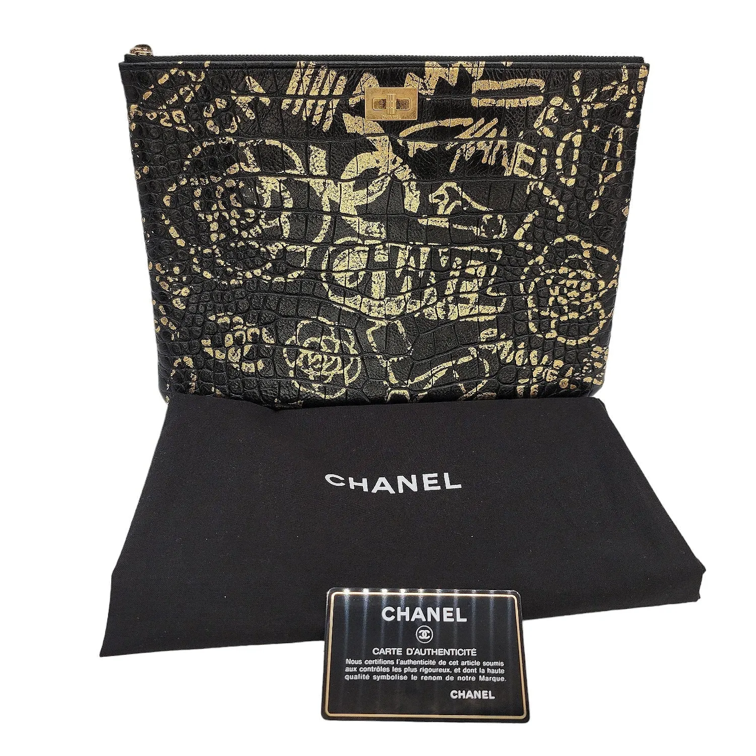 Chanel Black And Gold Croc-Embossed O-Case 2.55 Reissue