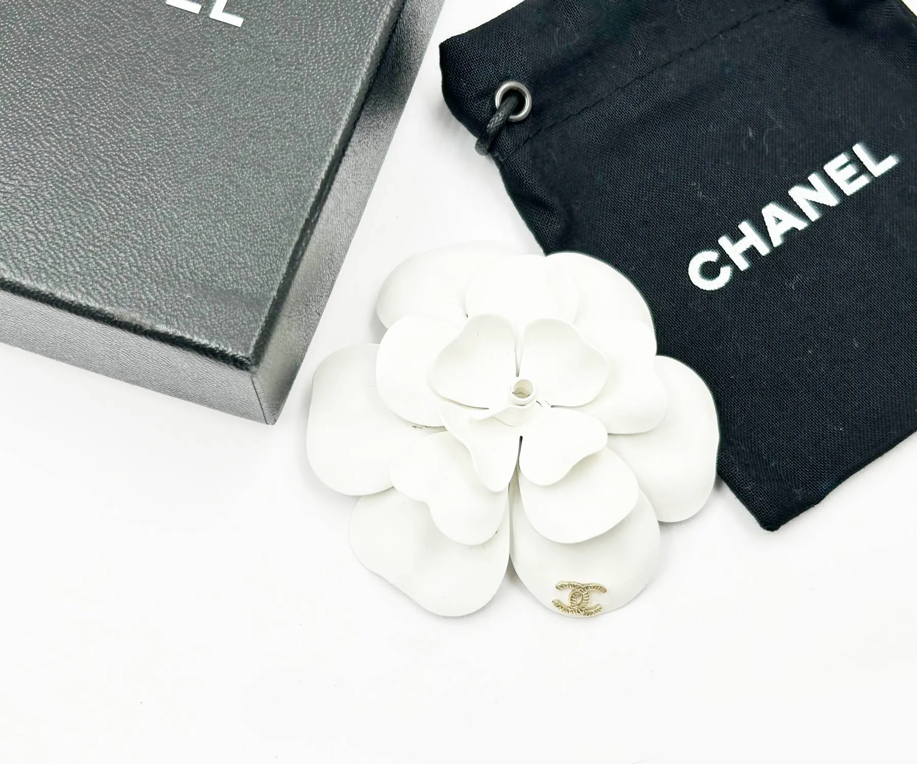 CHANEL White Camellia Gold CC Large Brooch