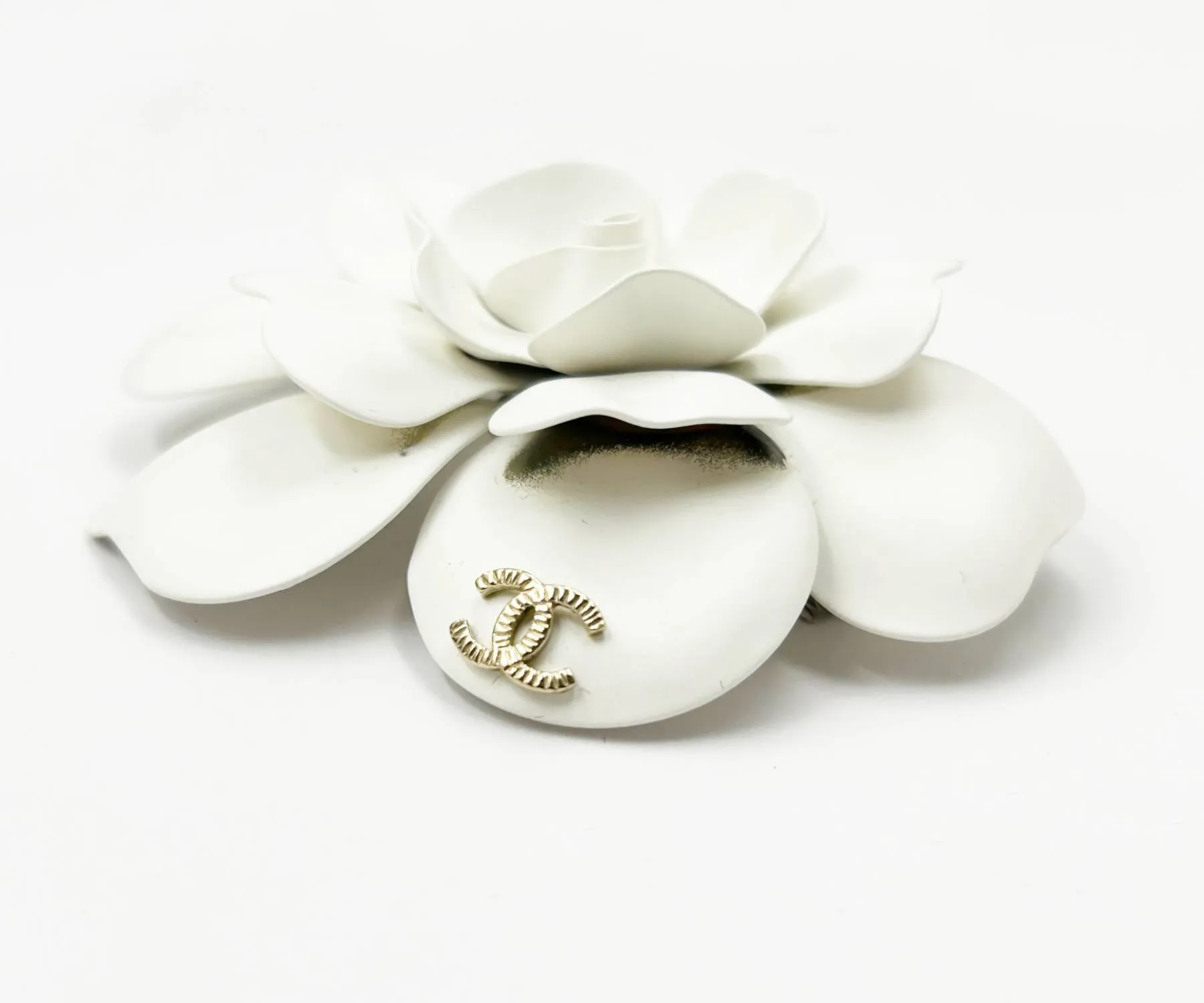CHANEL White Camellia Gold CC Large Brooch