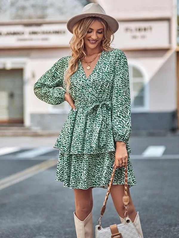 Charming Floral V-neck Dress with Cinched Waist - Timeless Bloom Elegance
