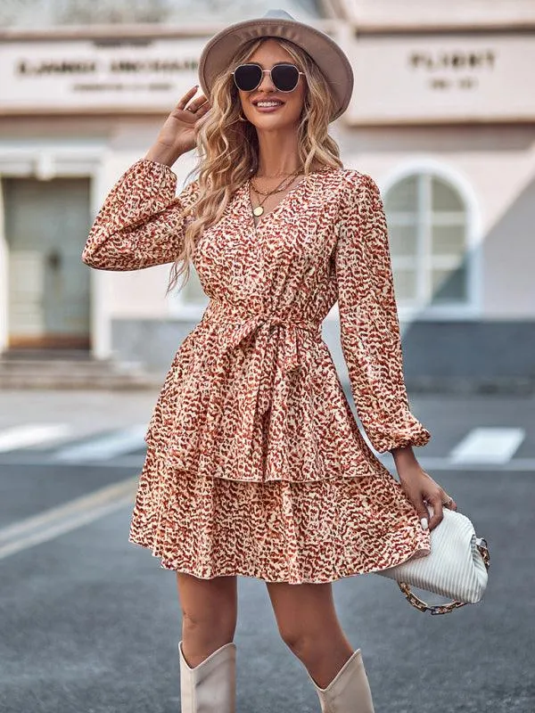 Charming Floral V-neck Dress with Cinched Waist - Timeless Bloom Elegance