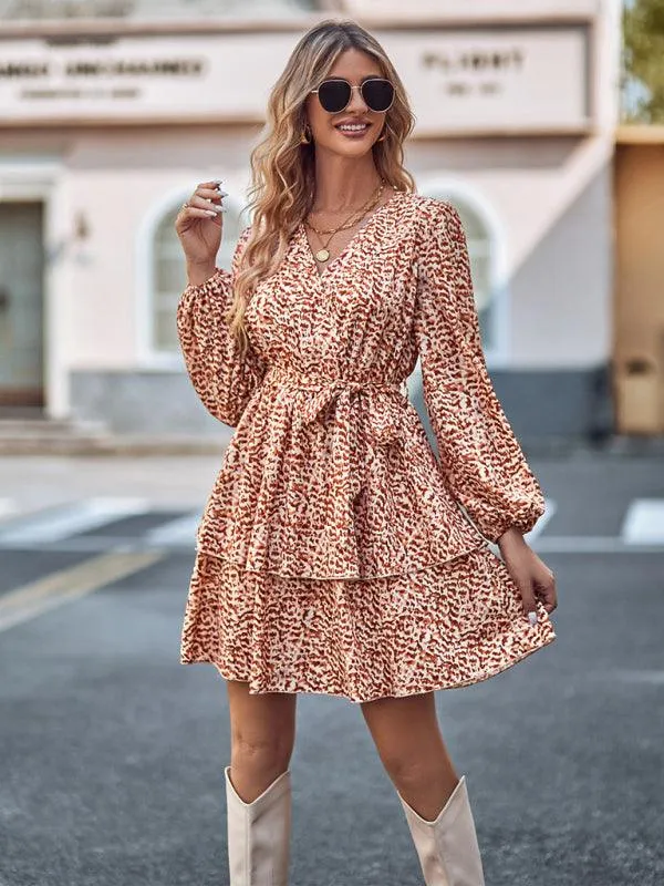 Charming Floral V-neck Dress with Cinched Waist - Timeless Bloom Elegance