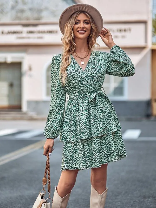 Charming Floral V-neck Dress with Cinched Waist - Timeless Bloom Elegance