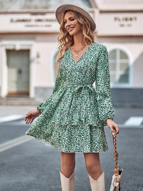 Charming Floral V-neck Dress with Cinched Waist - Timeless Bloom Elegance