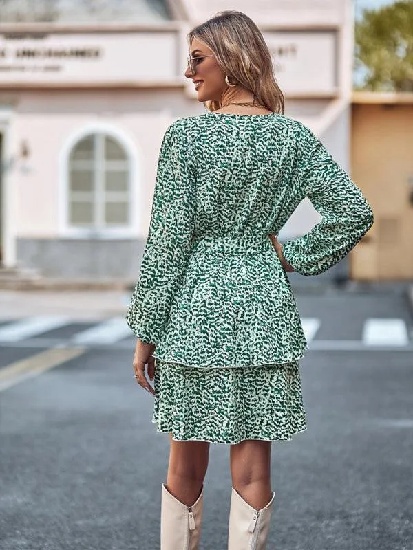 Charming Floral V-neck Dress with Cinched Waist - Timeless Bloom Elegance