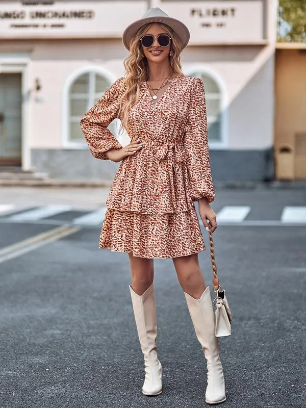 Charming Floral V-neck Dress with Cinched Waist - Timeless Bloom Elegance