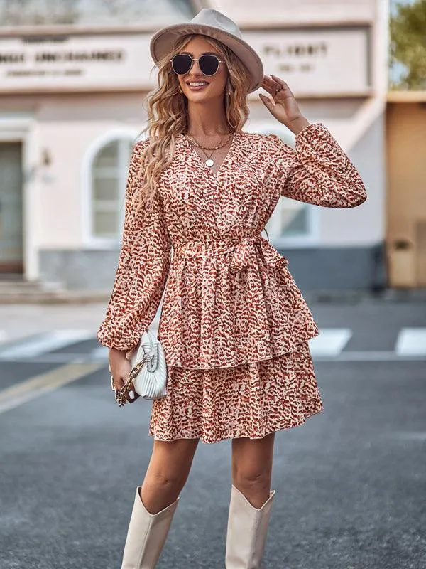Charming Floral V-neck Dress with Cinched Waist - Timeless Bloom Elegance