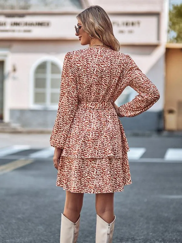 Charming Floral V-neck Dress with Cinched Waist - Timeless Bloom Elegance