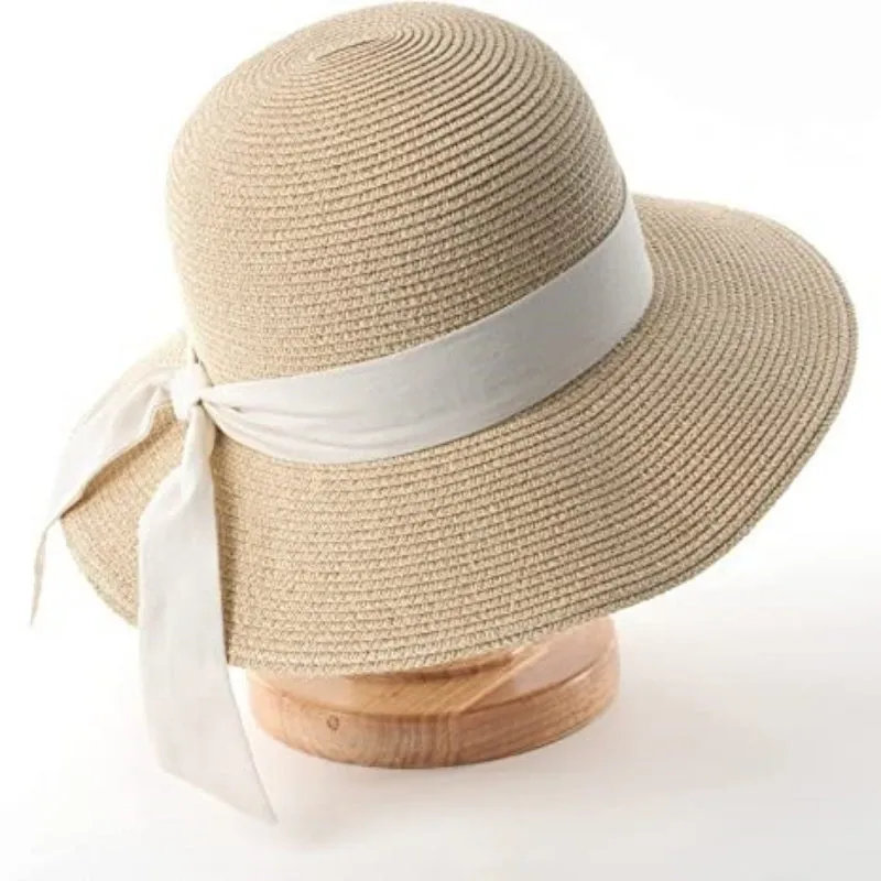 Chic Wide Brim Floppy Straw Sun Hat with Oversized Black Bow