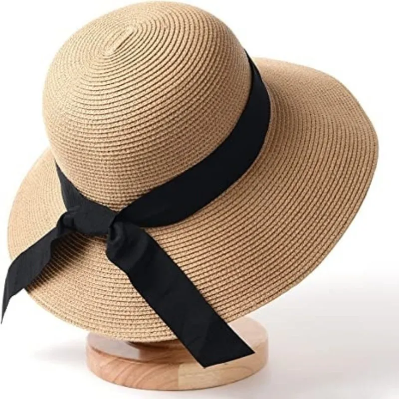 Chic Wide Brim Floppy Straw Sun Hat with Oversized Black Bow
