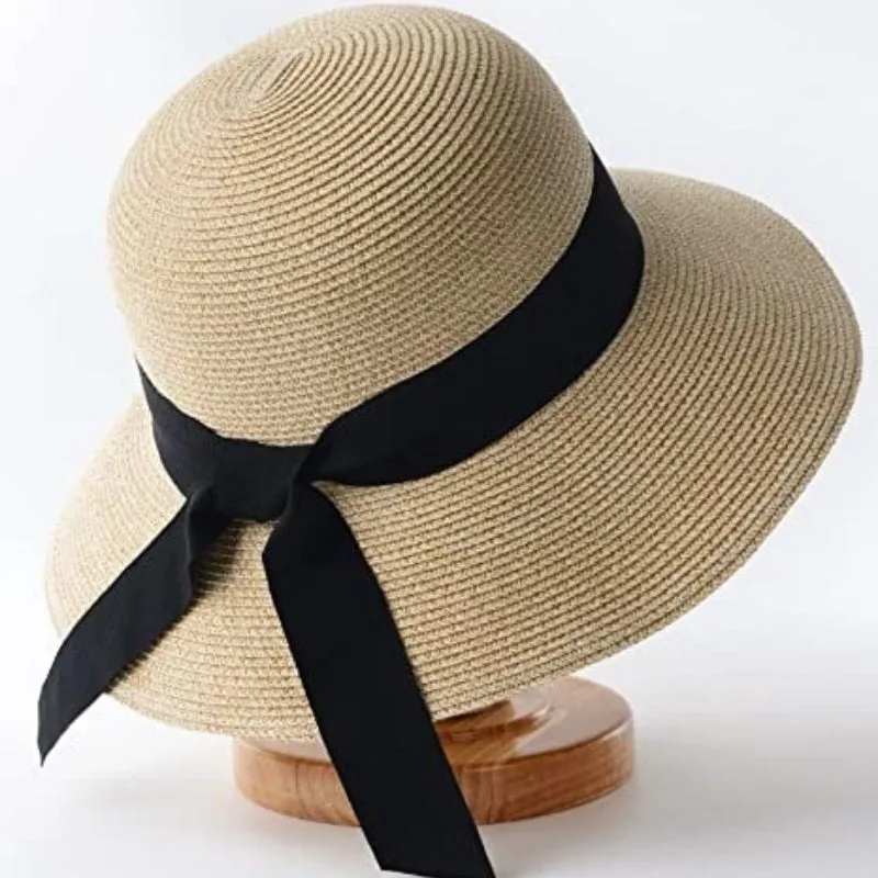 Chic Wide Brim Floppy Straw Sun Hat with Oversized Black Bow