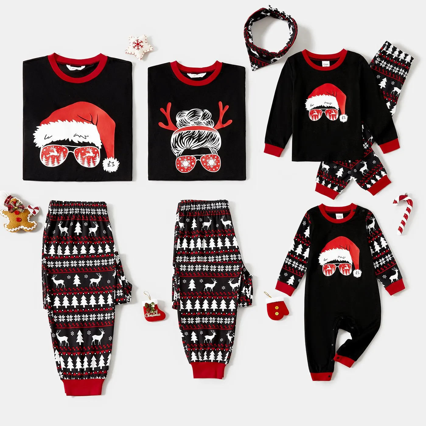 Christmas Family Matching Santa hats and Reindeers Print Long-sleeve Red Pajamas Sets (Flame Resistant)