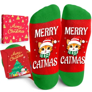 Christmas Gifts Stocking Socks for Cat Lovers - Christmas Socks for Teens Red Cat Mom Cat Dad Socks for Women Men