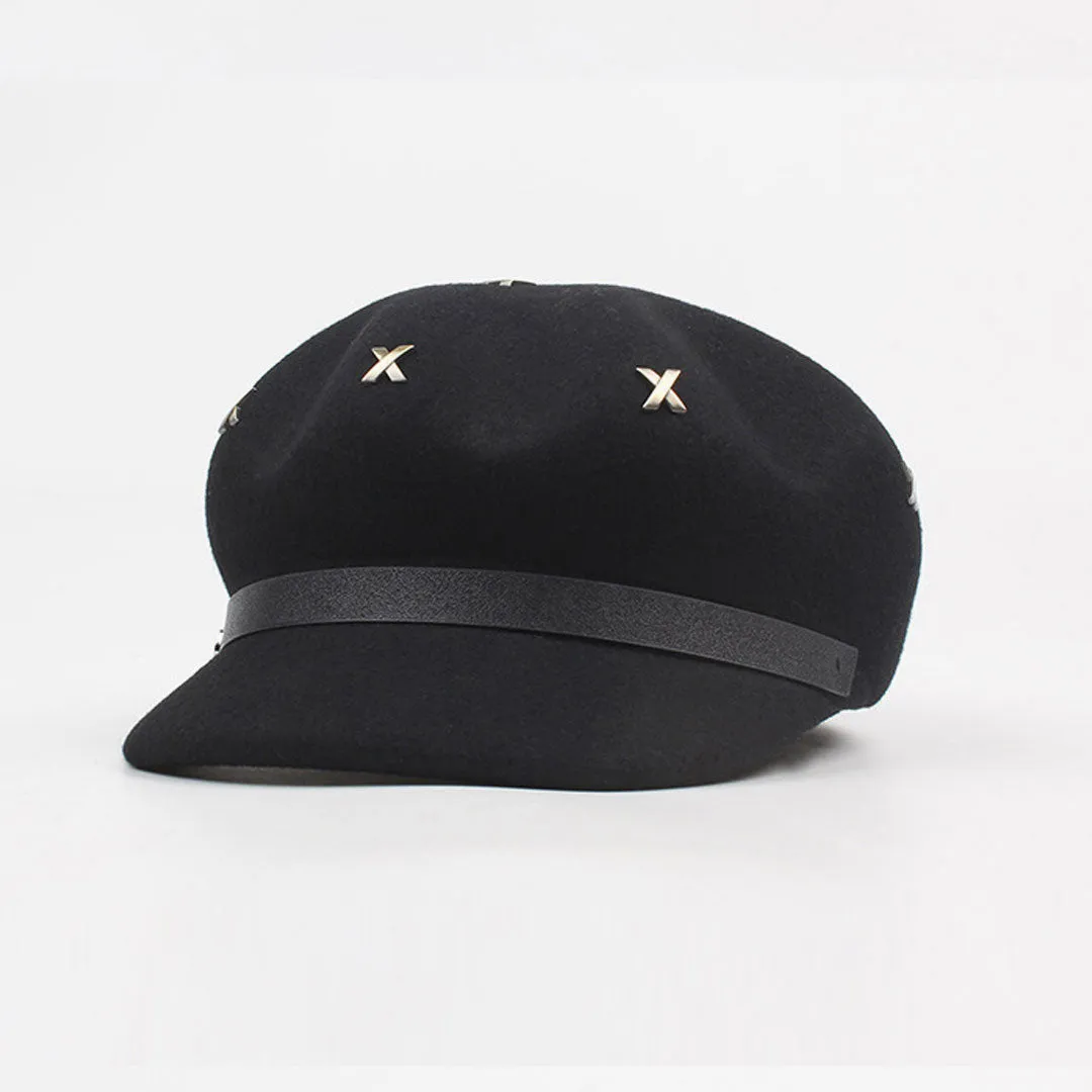 Classic Metal Cross Stud Embellishment Newsboy Hat - Black